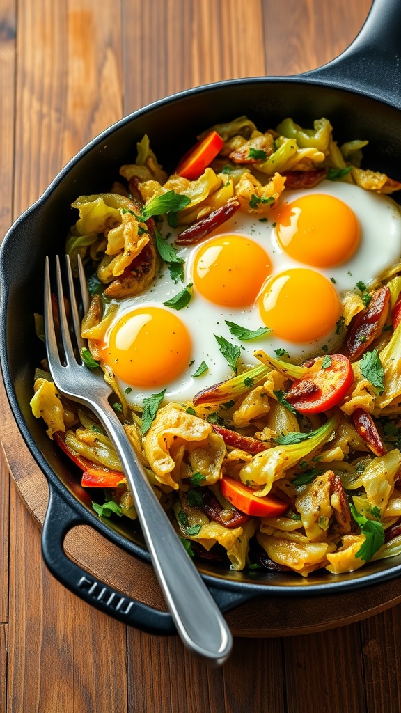 Simple Cabbage and Egg Skillet Recipe A skillet filled with sautéed cabbage and eggs, garnished with herbs, on a wooden table.